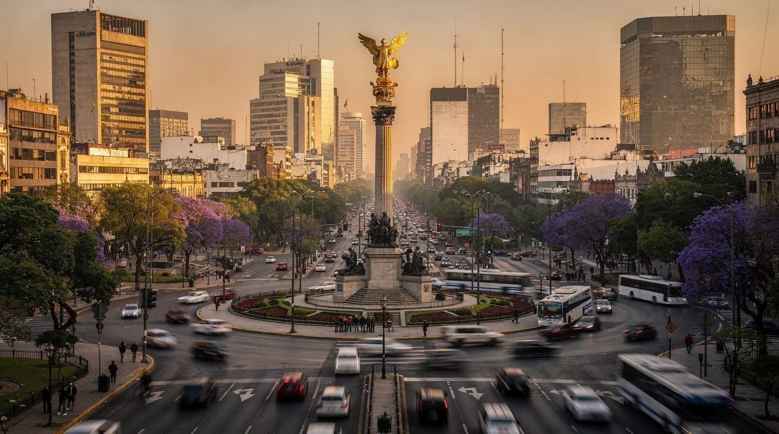 Skyline di Città del Messico all'ora d'oro — l'Ángel de la Independencia sul Paseo de la Reforma con i jacaranda in fiore